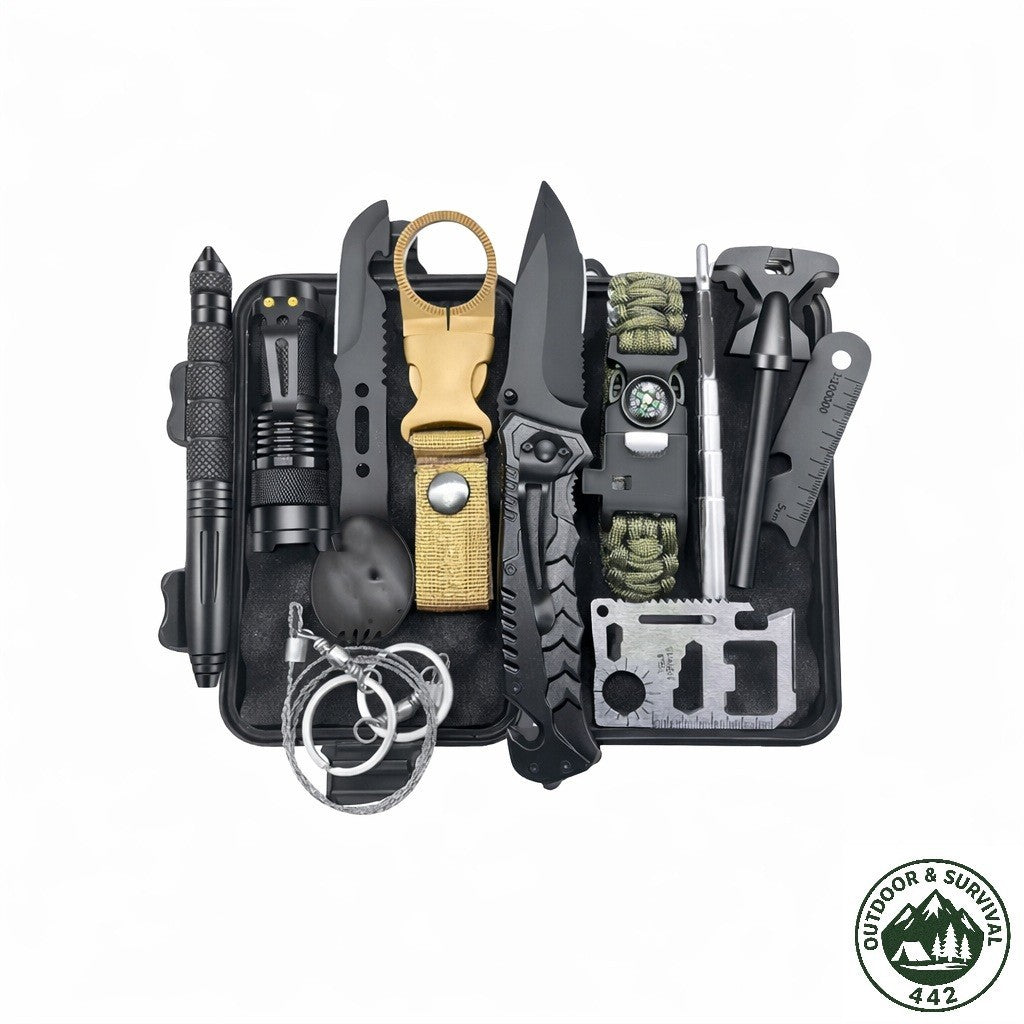 Survival Kit 12-teilig | Outdoor Notfall Set mit Messer & Taschenlampe