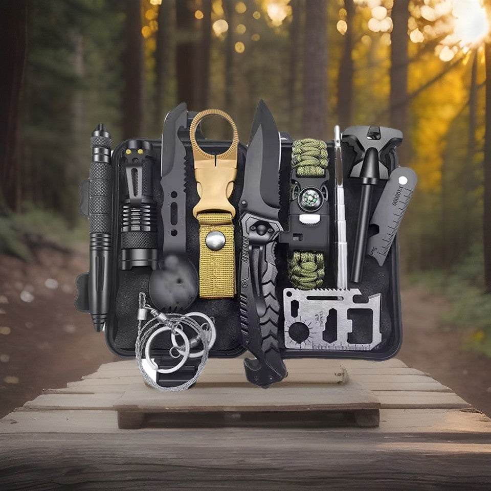 Survival Kit 12-teilig | Outdoor Notfall Set mit Messer & Taschenlampe